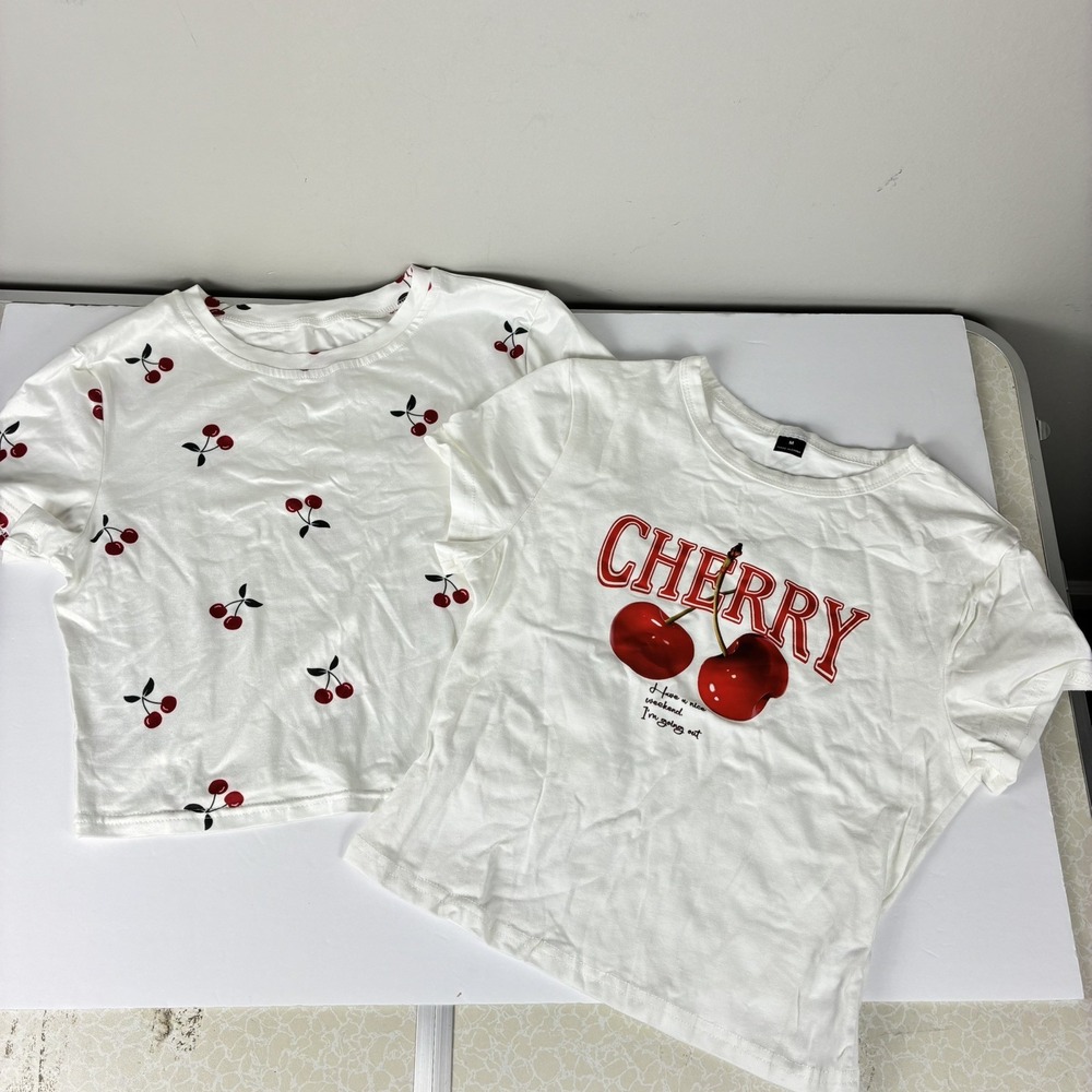 Y2K Babydoll Baby Tee Crop Top Cherry Print 2 pcs 90s Coquette Cute Feminine M - Picture 5 of 6